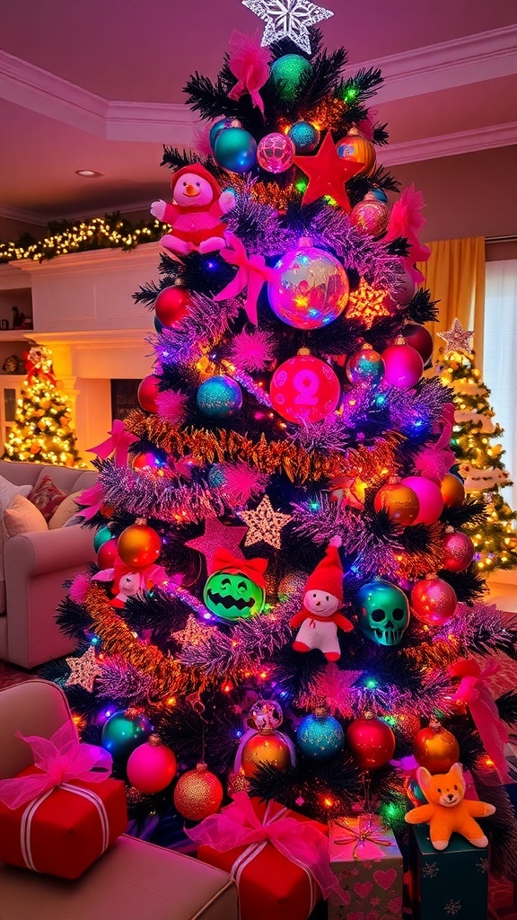 Y2K Inspired Christmas Tree Decoration Ideas A Y2K-themed Christmas tree with colorful decorations, neon lights, and vintage ornaments in a festive living room.